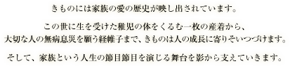 きものには家族の愛の歴史が映し出されています。 この世に生を受けた稚児の体をくるむ一枚の産着から、大切な人の無病息災を願う経帷子まで、きものは人の成長に寄りそいつづけます。 そして、家族という人生の節目節目を演じる舞台を影から支えていきます。